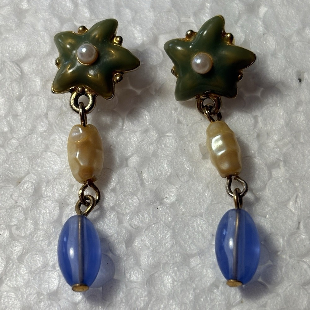 Vintage Star Dangle Earrings Gold Tone Faux Pearl Blue Bead Retro 80s 90s Enamel